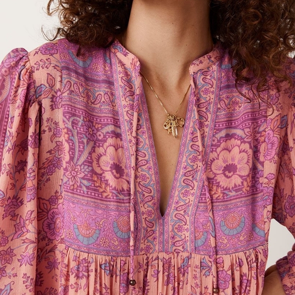 SPELL Folk Song Boho Dress in Blossom Medium BNWT FSOT Pink Peachy Floral Midi - Picture 5 of 14